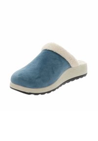 Zoccoli blu in pelle scamosciata con un collare peloso di colore crema, superficie texturizzata e una suola leggera beige con un battistrada nero e decorato.
