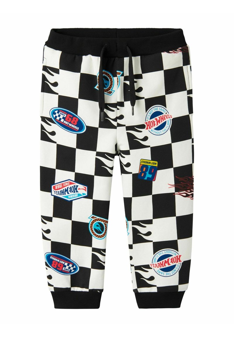 Zwart-witte geruite sweatpants met vlammen, met kleurrijke Hot Wheels-logo's en accenten. Met een elastische tailleband en trekkoord.