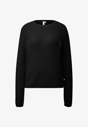 Crni pleteni pulover s okruglim izrezom, dugim raglan rukavima, teksturiranom tkaninom i ravnim krojem. Ima minimalistički dizajn i diskretnu oznaku.