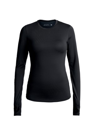 Zwart longsleeve shirt gemaakt van gladde, rekbare stof. Heeft een ronde halslijn en een getailleerd ontwerp, met subtiele branding op de mouw.