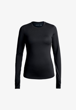 Zwart longsleeve shirt gemaakt van gladde, rekbare stof. Heeft een ronde halslijn en een getailleerd ontwerp, met subtiele branding op de mouw.