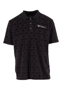 Black polo shirt with a textured pattern, short sleeves, and a collar. Features a button placket and an embroidered logo on the chest.
