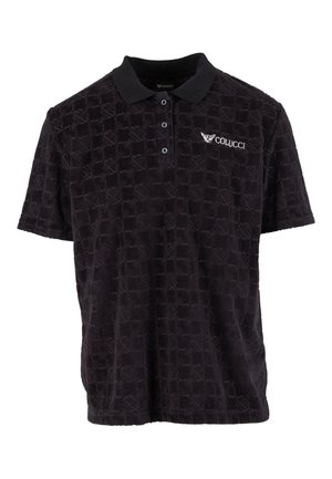 Black polo shirt with a textured pattern, short sleeves, and a collar. Features a button placket and an embroidered logo on the chest.
