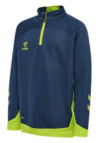 Mörkblå kvartalsdragning med limegröna accenter, tillverkad av andningsbart material. Har ventileringspunkter på ärmarna och varumärkeslogotyp.