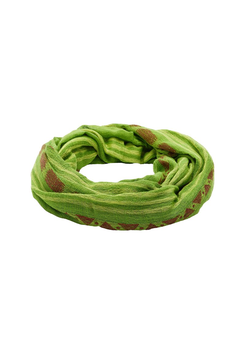 Jasnozielony szalik w pętli z teksturowanej tkaniny i brązowymi wzorami geometrycznymi na białym tle.