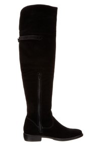 Botas negras de ante por encima de la rodilla, con cierre lateral, punta redonda y textura suave; caña alta sin adornos.
