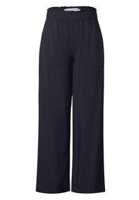 Navy wide-leg trousers with an elastic waistband, featuring two front pockets and a smooth, lightweight fabric texture.