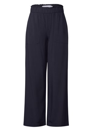 Pantaloni a gamba larga navy con cinturino elasticizzato, dotati di due tasche frontali e una texture di tessuto liscia e leggera.