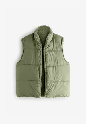 Chaleco verde acolchado con un alto collar, diseño sin mangas y textura interna suave. Presenta secciones cosidas y un borde ligeramente peludo.