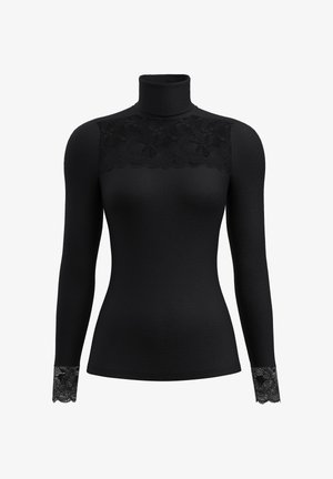 Haut noir ajusté à col roulé avec texture côtelée, comportant des détails en dentelle au niveau de l'empiècement et des accents en dentelle aux poignets.