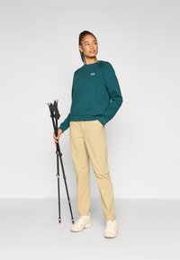 Mėlynos spalvos džemperis ilgomis rankovėmis su mažu logotipu, derinamas su smėlio spalvos siaurėjančiomis kelnėmis ir šviesios spalvos žygių batais, laikančiais žygių lazdas.