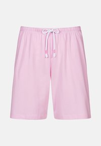 Lichtroze katoenen shorts met een elastische tailleband en witte trekkoord. De shorts hebben een rechte snit en geen extra patronen of accenten.