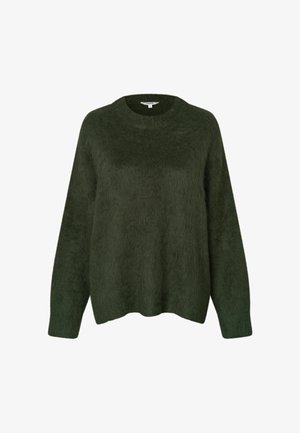 Mörkgrön, fluffig tröja med långa ärmar och rund halsringning, med mjuk textur och avslappnad passform.