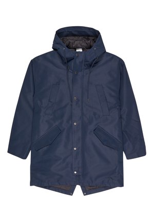 Parka impermeable de color azul marino con capucha, dos bolsillos frontales, cierres a presión y un forro acolchado para aislamiento.