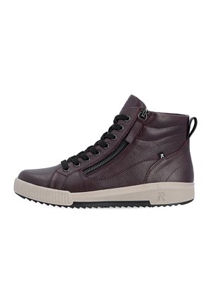 Dark brown high-top sneaker with black laces, side zipper, white rubber sole, and textured leather finish, shown in a side profile.
