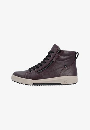 Mørkebrun høj sneaker med sorte snørebånd, lynlås i siden, hvid gummisål og tekstureret læderfinish, vist fra siden.