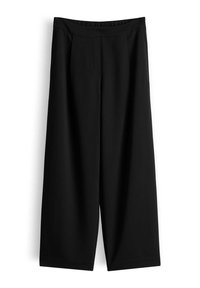 Wide-leg black pants with an elastic waistband, made from smooth fabric, displayed flat on a white background.