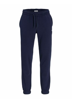 Pantaloni jogger bleumarin cu talie elastică, șnur ajustabil, buzunare laterale și mansete elastice, marcați cu un logo mic pe coapsa stângă.