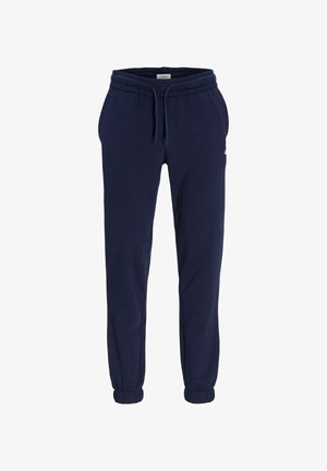 Granatowe spodnie dresowe z elastycznym pasem, sznurkiem do ściągania, bocznymi kieszeniami oraz elastycznymi mankietami, oznaczone małym logo na lewej udzie.