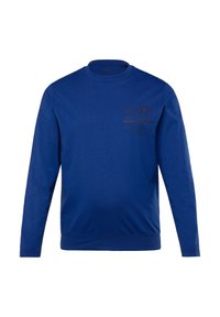 Niebieski, długi rękaw, bawełnowy sweatshirt z okrągłym dekoltem, ribbowanymi mankietami i nadrukowanym tekstem z przodu. Gładka faktura.