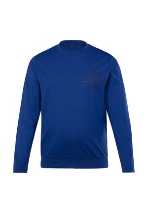 Blauwe sweatshirt met lange mouwen van katoen, voorzien van een ronde hals, ribgebreide boorden en een gedrukte tekstontwerp aan de voorkant. Vriendelijke textuur.