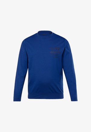 Blauwe sweatshirt met lange mouwen van katoen, voorzien van een ronde hals, ribgebreide boorden en een gedrukte tekstontwerp aan de voorkant. Vriendelijke textuur.