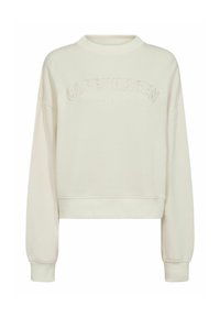 Kreemi värvi lühikesed varrukad sweatshirt, millel on soonikkoes krae, langenud õlad ja reljeefselt tekst "COPENHAGEN" esipaneelil. Sile tekstuur.