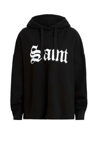 Felpa nera in tessuto, con una grande stampa bianca "Saint" sul davanti, cappuccio regolabile con coulisse e vestibilità ampia.
