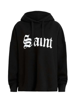 Felpa nera in tessuto, con una grande stampa bianca "Saint" sul davanti, cappuccio regolabile con coulisse e vestibilità ampia.