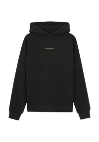 Schwarzer Hoodie mit einer Kapuze, ausgestattet mit einem goldenen Logo auf der Vorderseite. Aus weichem Material gefertigt, hat er lange Ärmel und einen lässigen Schnitt.