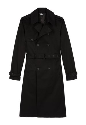 Cappotto nero in misto cotone, con bottoni doppi, vita con cintura e spalline sulle spalle.