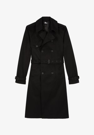 Abrigo negro de mezcla de algodón, con botones de doble botonadura, cinturón en la cintura y hombreras en los hombros.