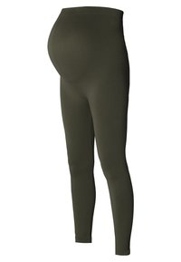 Zwangerschapsleggings in donker olijfgroen, geribbelde textuur, volledige lengte, elastische hoge tailleband, slank model, gladde afwerking.