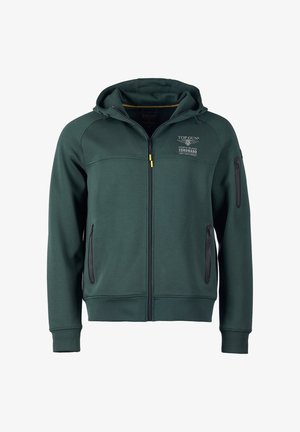Groene hoodie met ritssluiting van zacht materiaal. Voorzien van een capuchon, geribbelde manchetten en twee zijzakken met rits. Geaccentueerd met een gele ritstrekker en logo.