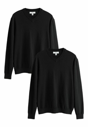 Dwa czarne swetry z długim rękawem i dekoltem w serek, z prążkowanymi mankietami i dołem, prezentowane na jednolitym białym tle.