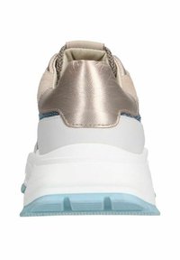 Sneaker featuring a metallic bronze heel, light blue sole, beige and blue upper materials, textured accents, and a padded collar.