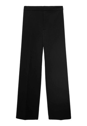 Schwarze, weit geschnittene Hosen aus glattem Stoff. Mit hohem Bund und ohne sichtbare Taschen. Einfaches, klares Design mit taillierter Passform.