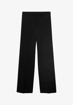 Pantalon noir à jambes larges en tissu lisse. Dispose d'une taille haute et n'a pas de poches visibles. Design simple et épuré avec une coupe ajustée.