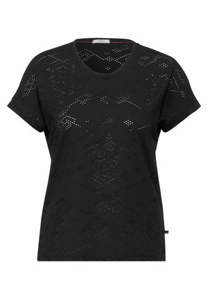 Zwarte T-shirt met korte mouwen met een textuurpatroon van geperforeerde geometrische vormen, ronde halslijn en een label op de zijnaad.