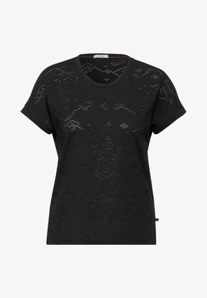 Zwarte T-shirt met korte mouwen met een textuurpatroon van geperforeerde geometrische vormen, ronde halslijn en een label op de zijnaad.