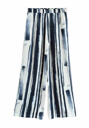 Wide-leg pants featuring a striped pattern in blue and white. Made of a textured fabric with an elastic waistband for comfort.