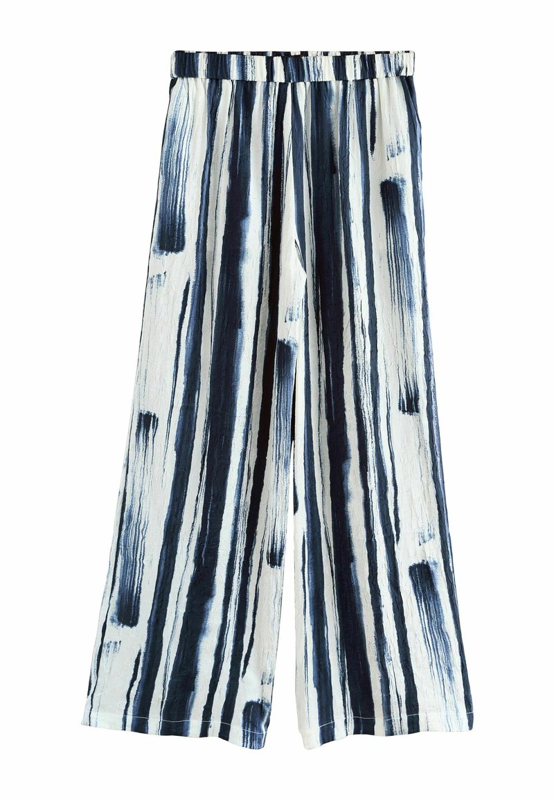 Wide-leg pants featuring a striped pattern in blue and white. Made of a textured fabric with an elastic waistband for comfort.