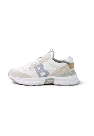 White and beige sneaker with thick sole, gray "B" logo on side, mesh and suede details, and lace-up front, viewed from the left side.