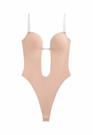 Naakt kleurige bodysuit met gevormde cups, een sleutelgat cut-out en verstelbare spaghettibandjes. Gemaakt van gladde stof met een naadloos ontwerp.