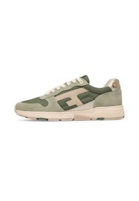Green sneakers made of mesh and suede, featuring a beige diagonal logo, cream laces, and a textured sole with a contrasting heel accent.