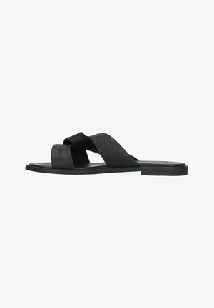 Sandales noires à semelle plate avec des lanières en cuir croisées, au design minimaliste. Texture lisse et construction légère.