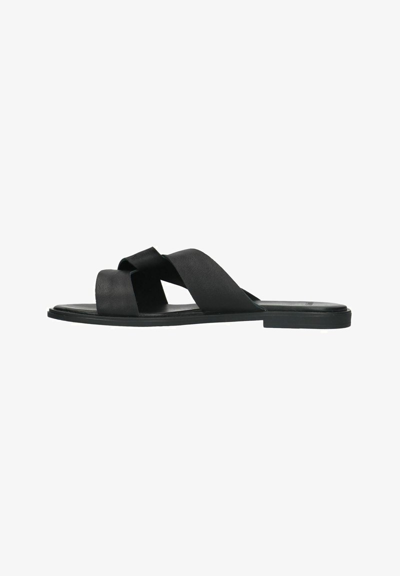 Zwarte slide sandalen met gekruiste leren banden, platte zool en minimalistisch ontwerp. Gladde textuur en lichte constructie.