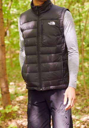 Mand iført sort North Face dunvest over grå langærmet skjorte og sorte bukser, stående udendørs i en skov.