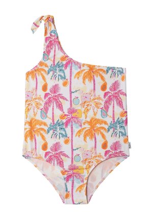 Bañador de un hombro con estampado tropical de palmeras y frutas en rosa, naranja, azul y amarillo sobre fondo blanco.