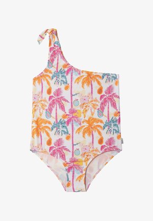 Maillot de bain asymétrique avec motif tropical de palmiers et de fruits en rose, orange, bleu et jaune sur fond blanc.